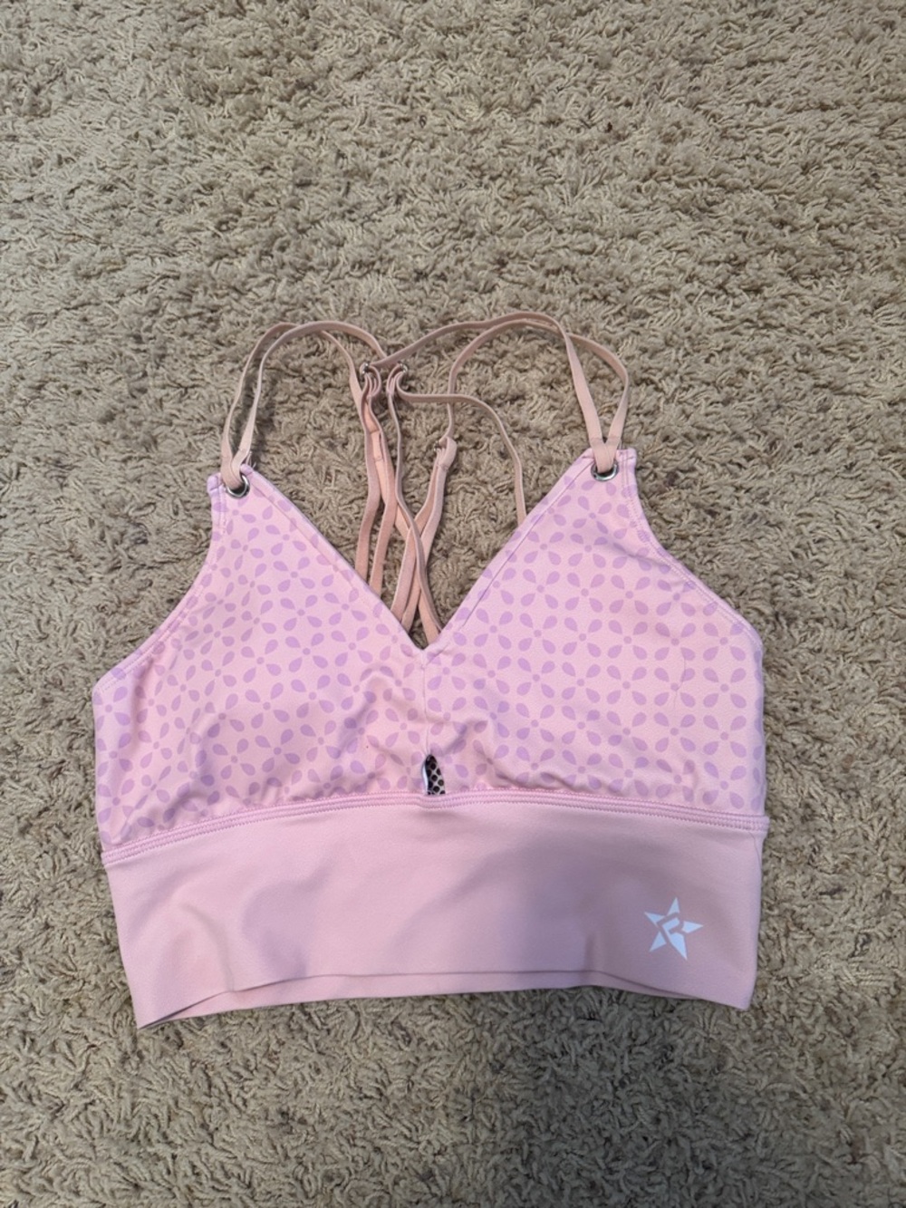 Light Pink Strappy Sports Bralette with Geometric Print. AS